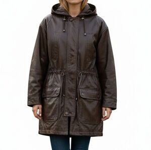 DANY Leather Coat  Women Size L Brown Hooded Zip Snaps 4 Pockets Cinched Vintage